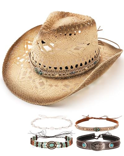 FURTALK Straw Cowboy Hat for Women Men with 4-Style Decorative Bands Stiff Wide Brim Western Style Cowgirl Hat Beige-Dark egde