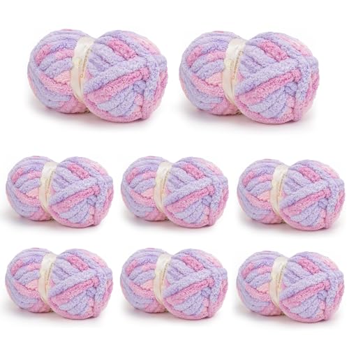 Chunky Yarn for Hand Knitting, Chunky Chenille Blanket Yarn for Crocheting, Bulky Soft Fluffy Chenille for Blanket Project, 8 Pack of 8oz/25yds, Pink&Purple