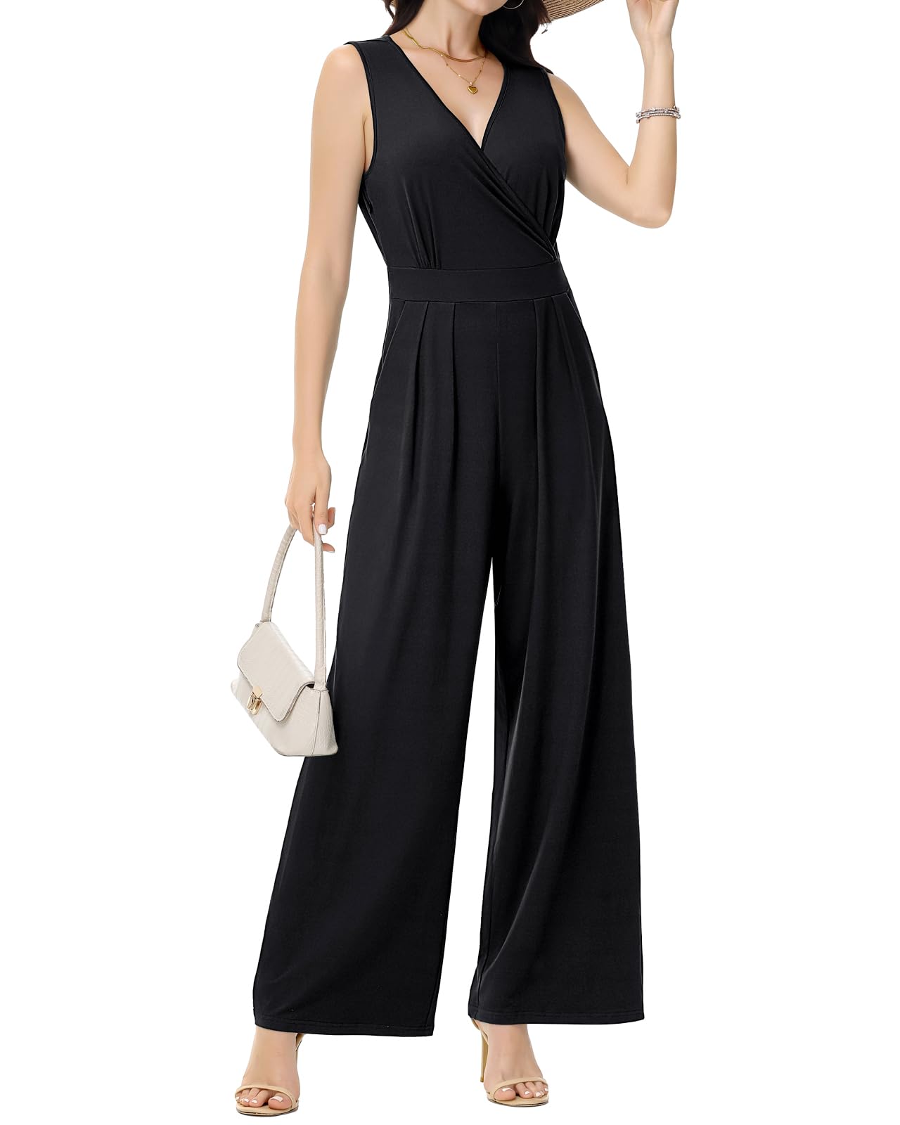 Tanmolo Damen Jumpsuit Elegant Festlich Sommer Ärmellos Overall Weites Bein Romper Mit Taschen Kurz