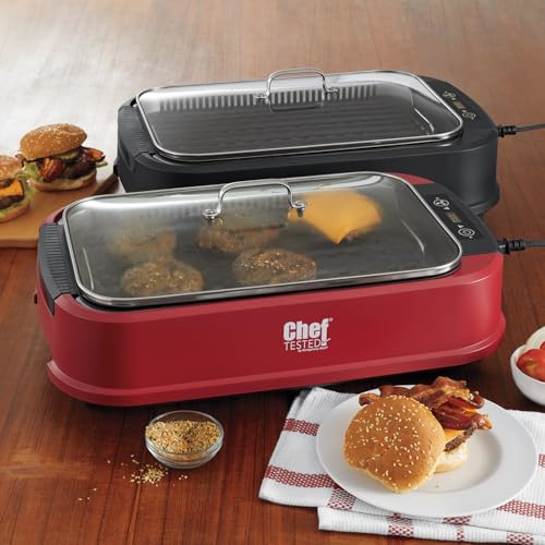 Montgomery Ward Chef Tested Smokeless Electric Indoor Grill - Nonstick Grill Plate, 112-sq. Inch Cooking Surface, Tempered Glass Lid, Grill Plate, Drip Pan, Drip Tray, Red