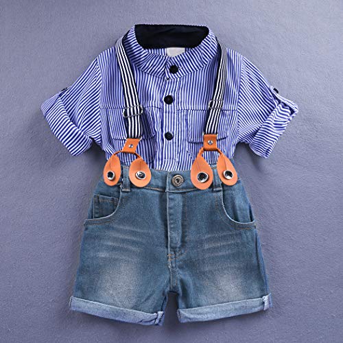 Image of MYGBCPJS 3Pcs Boy Handsome Outfit Set Plaid Shirt + T-Shirt + Suspender Jean Sets