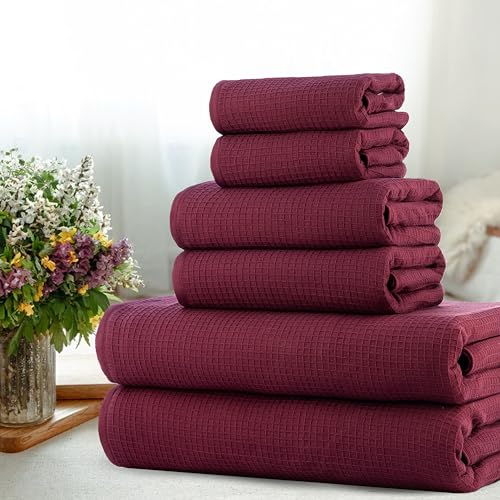 Image of Casa Copenhagen, Egyptian Cotton - Waffle Terry Towel 6 Piece Set, Includes 2 Bath Towels 2 Hand Towels 2 Washcloths - Burgundy