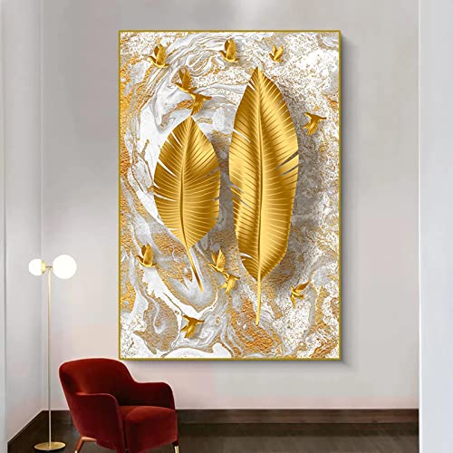 Impression sur toile d'oiseaux feuilles d'or 50x75 cm LSYALUCK pour decoration murale