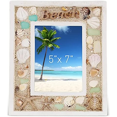 CoTa Global Oceanic 5x7 Beach Picture Frame - Beautiful Decor Accent Seashell Photo Frame for Summer Vacation Memory, Handmade - For Tabletop or Wall Hang - 11 Inch Cover