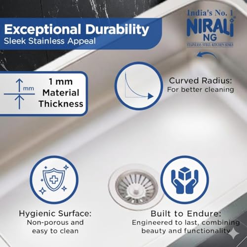 Image of NIRALI Kitchen Sink 16 x 14 Inch 304 Stainless Steel | Single bowl Sink Round Coupling | Rust & Stain Resistant | Matt Finish | Minimizes Sound Orbis Kitchen SInk (Matt, 16 inch x 14 inch x 7 inch)