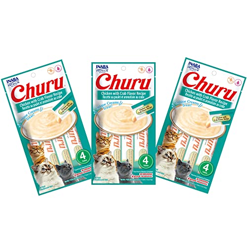 Image of INABA Churu Cat Treats, Grain-Free, Lickable, Squeezable Creamy Puree Cat Treat /Topper with Vitamin E & Taurine, 0.5 Ounces Each Tube, 12 Tubes (4 per Pack), Chicken with Crab Recipe