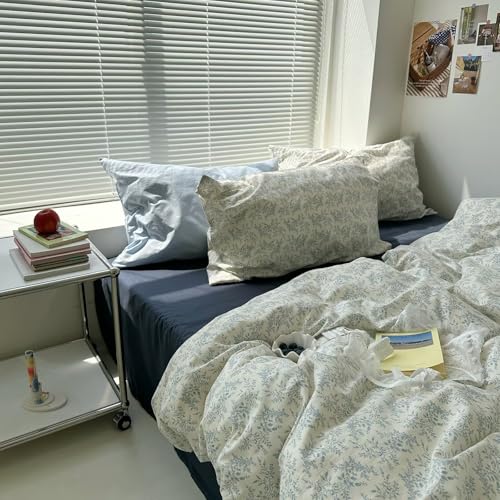 Image of MKXI Full Duvet Cover Set Blue White Floral Print - Vintage Chinoiserie Boho Comforter Cover with Pillowcases, 100% Cotton Coastal Bedding for Bohemian & Transitional Style Bedroom