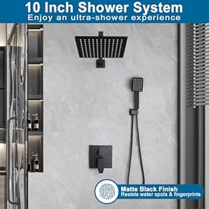 POP SANITARYWARE Matte Black Shower Faucet Set Rainfall 10 Inch Shower Head and Handle Set Bathroom Rain Shower System Wall Mounted Shower Fixture Include Shower Valve and Trim Kit