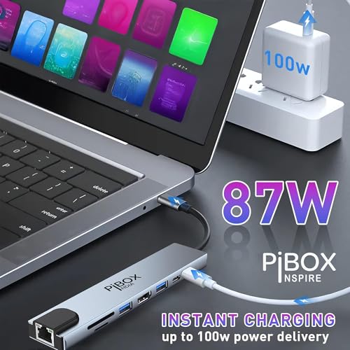 Image of pibox India USB C Hub Dock 8 in 1 Aluminum Type C Adapter with 4K HDMI Port, Ethernet 100mbps RJ45 Port, 2 USB 3.0 Ports, USB-C Power Delivery, TF /SD Card Reader, MacBook /Dell /Samsung USB C Devices