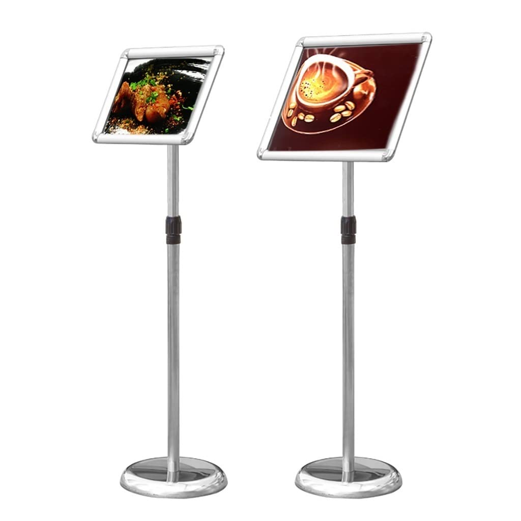 Soporte de Pedestal Ajustable para letreros A4 - Marco de Aluminio Plateado Resistente con Apertura a presión, Ideal para Carteles, menús y exhibidores - Expositor de pie