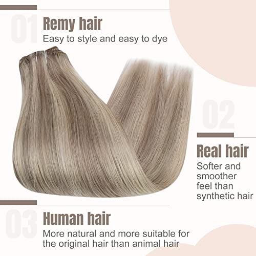Fshine Hair Extensions Clip in Real Hair 20 Inch Ash Blonde with Bleach Blonde #18/613 Clip in Extensions Double Weft Human Hair Extensions Clip on Thick End Clip in Hair Extension 120g - Image 2