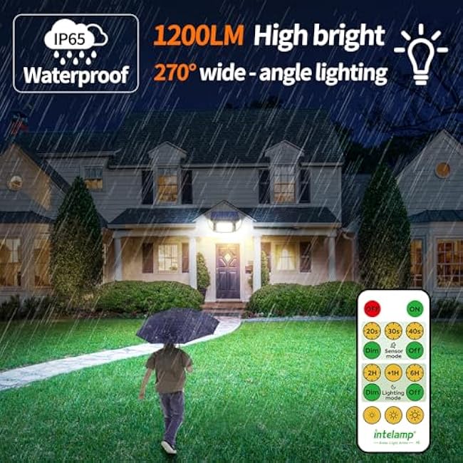 intelamp Solar Flood Lights Outdoor Waterproof, 6000mAh 1200LM Solar Powered Dual Motion Sensor LED Lighting Dusk to Dawn Security Floodlight Exterior with Remote for Outside Garden House Yard Porch