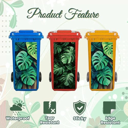 Image of Peacoblue Wheelie Bin Stickers 2 Sheets Monstera Leaves Sticky Dustbin Stickers Decals, 15 inch x 32 inch Waterproof Large Wraps for Trash Cans Bins Fridges Door Wall Garden Outdoor Indoor Patio Decor