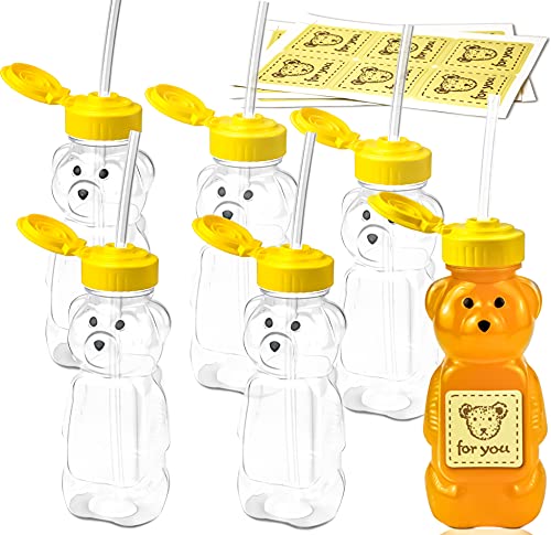 WFPLUS 6 Pack 8-Ounce Honey Bear Bottle, Plastic Squeeze Juice Drinking Straw Cup with 6 Long Silicone Straws and 20 Pcs Cute Bear Stickers Therapy Sippy Drinking Bottles for Daily Drinking Supplies