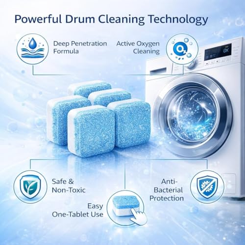 Image of WOZKEM Washing Machine Cleaner Tablets - Deep Cleaning Descaler for Front Load & Top Load Washers | Removes Odor, Residue & Buildup | Drum, Tub & Laundry Seal Cleaner | Easy-Use (Pack Of 12)