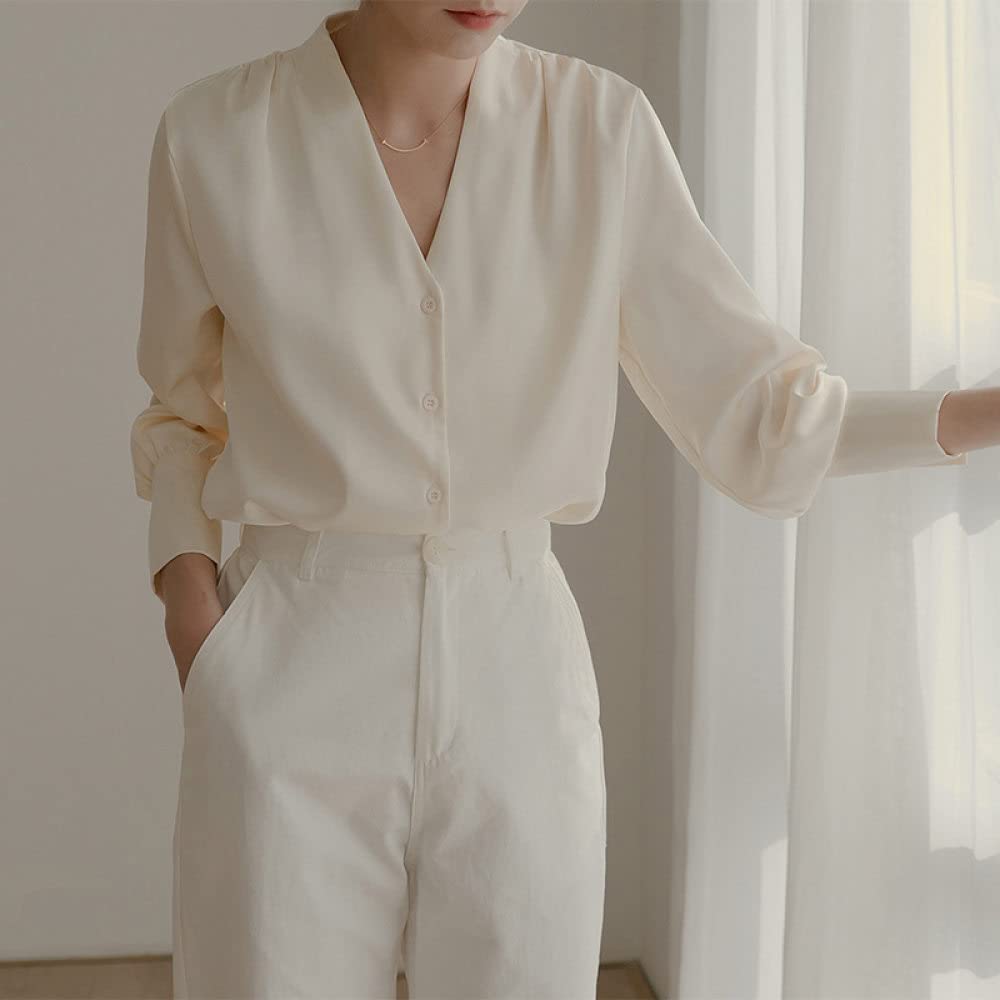 Camisas De Mujer,Blusa Elegante con Cuello En V para Mujer Camisa Túnica Blanca De Satén Camisa De Manga Larga Blusa De Gasa Camisa De Verano Chaqueta De Oficina Informal Blusa De Negocios para Dama