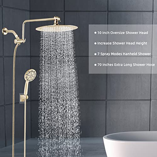 10” High Pressure Rainfall Shower Head, Polish Gold Metal Waterfall Showerhead With Handheld Combo, 12'' Adjustable Shower Extension Arm, Brass Shower Holder Extra Long Hose, Polish Brass #TOP5