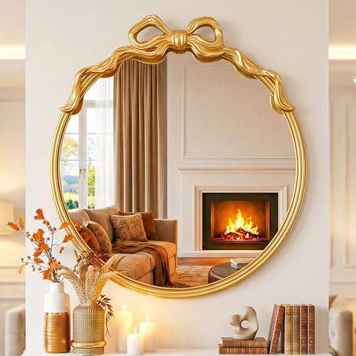 Image of Round Gold Bow Mirror, 24 inchx24 inch Vintage Mirrors with Metal Frame
