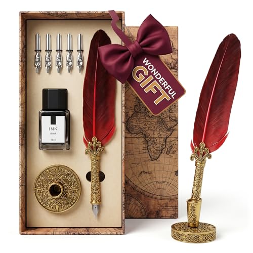 Classic Goose Feather Pen and Ink Set - Old Fashion Red Feather Quill Pen and Ink Set with Stainless...