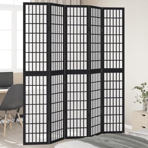 Vetnasa Biombo Separador de 5 Paneles Madera Maciza Paulownia Negro Mobiliario, Divisores de ambientes Negro 9,95 KG