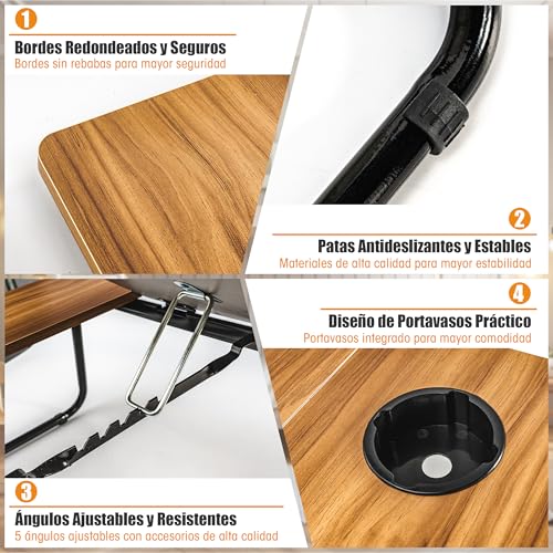 BESCH Bandeja para Cama de Madera Plegable Abatible con Portavasos 55x32x25cm | Mesa Plegable Desayuno Multiuso Ideal para Ordenador Portátil, Trabajo y Leer (Marrón) - imagen 6