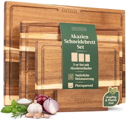 EDELHAUS Schneidebrett Holz 3er Set (40x30cm / 33x24cm / 26x18cm) Holzschneidebrett aus Massiver Akazie - 2cm dicke Holzbretter Küche mit Saftrille - Design Cutting Board Schneidbrett Set 1