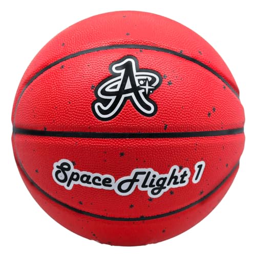 A Plus Collectibles Space Flight 1 Official Basketball, Leather Game Ball; Indoor/Outdoor Court, Size 7, 29.5" Adult (Mars Red)