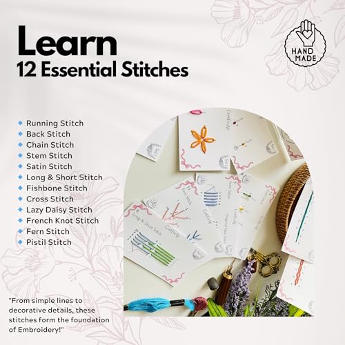 Image of Perforated Embroidery Stitch Cards Starter DIY Kit, Beginner Colored Patterns, Premium Cardstock Cards, Complete Toolkit, Tools, Illustrated Step by Step Instructions Handmade Kit Gift for Her (Pink)