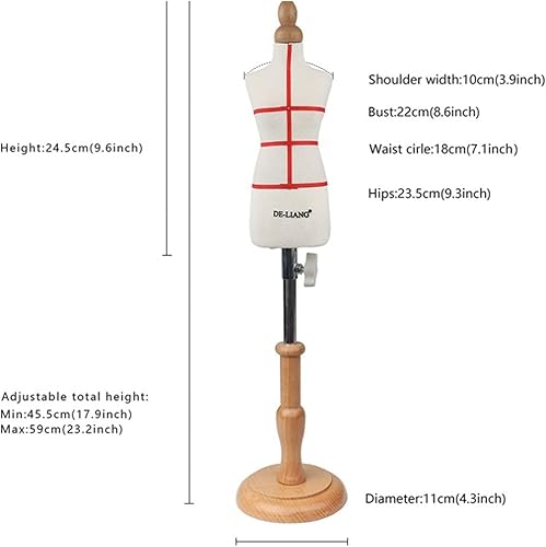 Miniatura 3 de Maniquí femenino con soporte, 18-23 pulgadas de altura ajustable forma de vestido cuerpo de maniquí con base de madera, vestido de maniquí pinable,