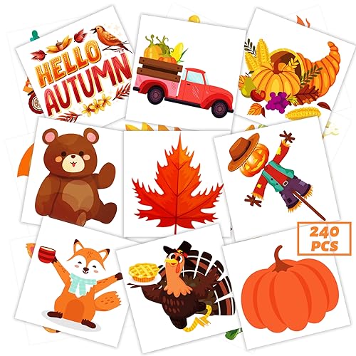 240 Pcs Autumn Temporary Tattoos for Kids Thanksgiving Bulk Waterproof Safety Tattoos Stickers Best Choice for Fall Goody Bag Stuffers 60 Different Designs maple leaves pumpkins scarecrows turkeys