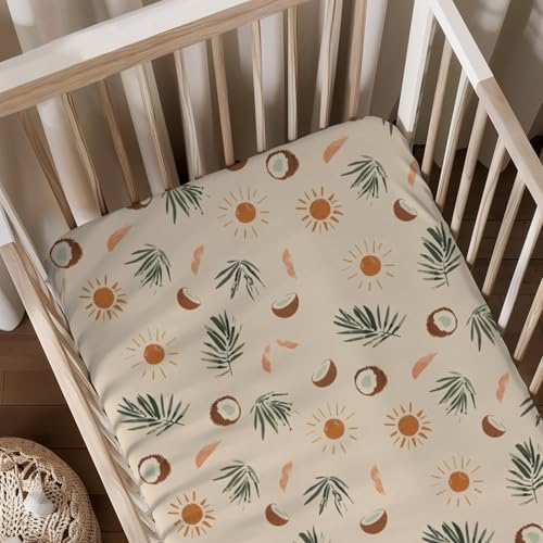 Image of Summer Palm Coconut Sun Leaves Pattern Baby Sheets for Crib, Unisex Summer Theme Nursery Fitted Bed Sheet for Boys Girls Standard Crib and Toddler Mattress-28x52