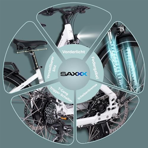 SAXXX E Bike Damen 28 Zoll Tiefeinsteiger mit 36V 13Ah Akku, Elektro Fahrrad Erwachsene mit Scheibenbremse, 7 Gang Kettenschaltung Pedelec mit Federgabel, Gepäckträger für Damen/Frauen Herren/Männer – Bild 6