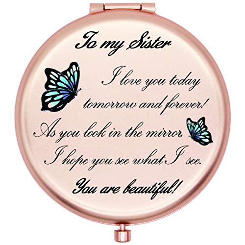 Onederful Frosted Travel Compact Pocket Makeup Mirror for Sister, Birthday Christmas Ideas for Sister from Sister and Brother-To my sister (Rose Gold)