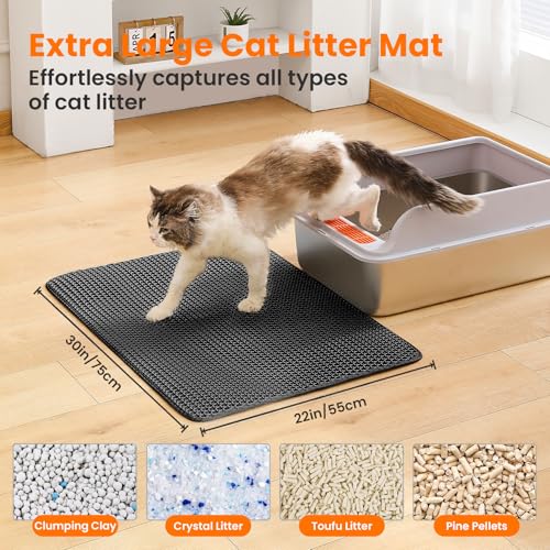 Image of Cat Litter Mat, 30x22 Inches Extra Large Honeycomb Double Layer Cat Litter Trapping Mat, Non Slip Waterproof Urine Proof Cat Litter Box Mat, Kitten Supplies and Essentials, Black