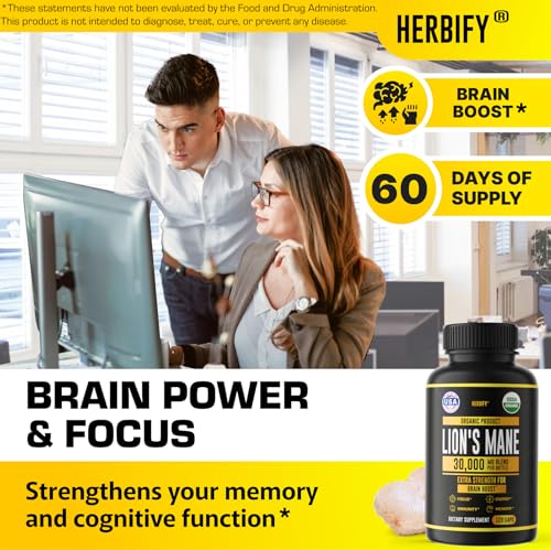 Image of HERBIFY Lions Mane Supplement - Daily Mushroom Supplement for Memory, Focus & Clarity - Brain Booster - Lions Mane Capsules for Natural Immune Support - Vegan, Organic - 120 Capsules