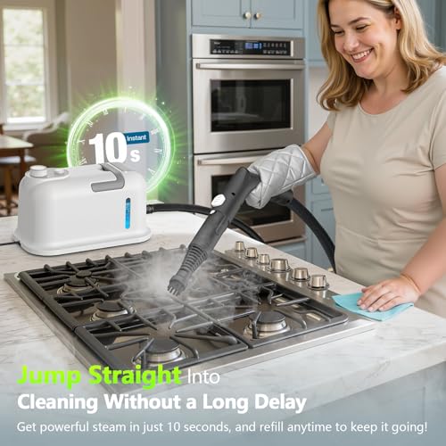 Handheld Steam Cleaner, 3S Instant Heat 1350W High Pressure Steam Cleaner, Portable Chemical-Free Deep Cleaning Steamer for Grout Tile Bathroom Kitchen Car Detailing with Continuous Refill (White) by KleerSteam - Used condition - Image 5
