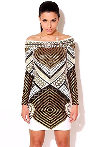 Swaroser Women's Cut Out Long Sleeves Kim Egypt Gold Foil Print Cocktail Dress B X-Large Size