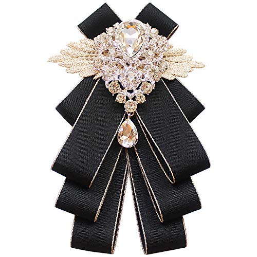 Fashion Handmade Diamond black Bow Tie Wedding Collar Bowtie Brooch jabot collar brooch pins fashion PreTied Neck Tie Bow Tie Adjustable Belt with Clip cravat (SR110 black)