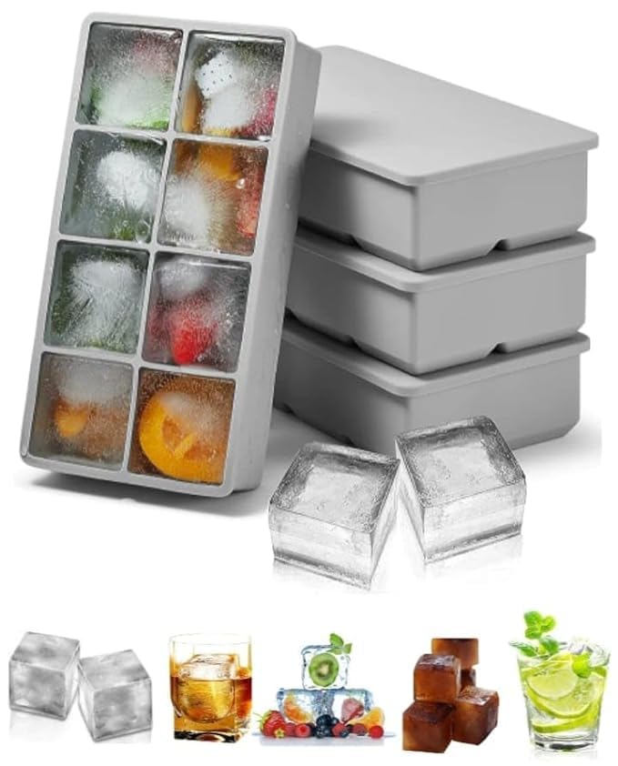 DHONI Silicone Jumbo Ice Moulds with Removeable Lids, Perfect for Drinks, Ice Tray, Silicone Ice Tray, Ice Mould for Cocktail,Easy demoulding Square ice Cube Tray Mold.(Pack of 4 Grey Colour). (B0CNLN2WH7) Amazon Price History, Amazon Price Tracker