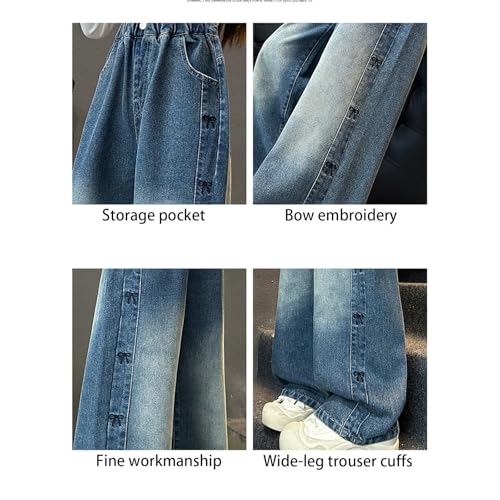 Kids Girls Wide Leg Straight Jeans Washed Elastic High Waist Denim Pants Baggy Casual Trousers for Youth Girls4
