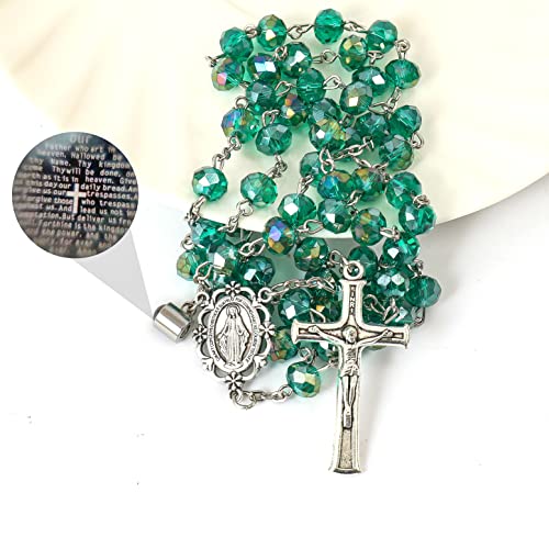 Nazareth Store Crystallized Green Beads Rosary Prayer Necklace Our Father Projection with Miraculous Medal and Jesus Cross