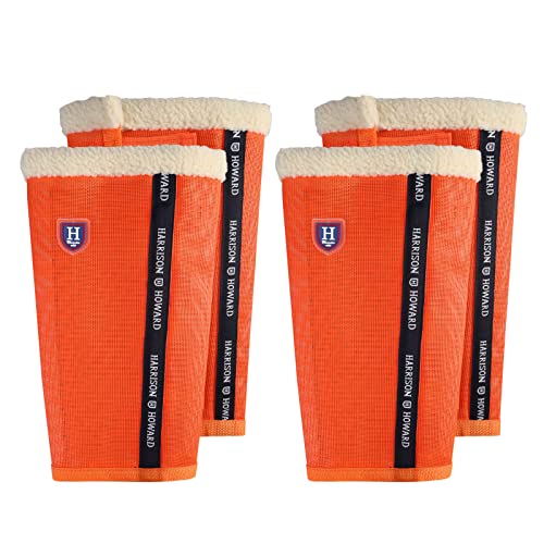 Image of Harrison Howard Loose-Fitting Horse Fly Boots UV-Protective, Breathable, Tear-Resistant Fine Mesh Leggins Stay-on Comfortable Fly Boots with Ultra-Soft Wool Trim (Set of 4) Vibrant Orange Pony (Small)