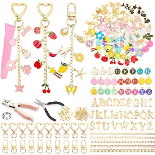 328Pcs Charms Lip Gloss Keychain Making Kit DIY Keychain Supplies with 128 Charms 20 Clasps Jump Rings Chain Jewelry Plier Hole Punch Bag Charm Kit Jewelry Making Kit for Crafting Keychains
