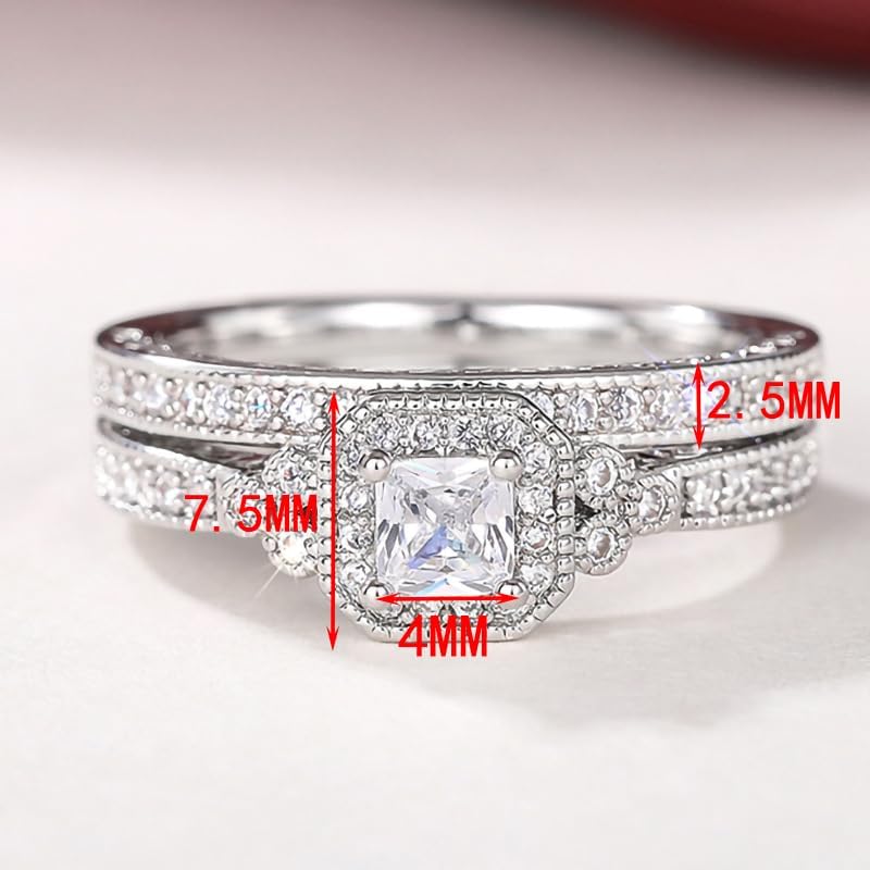 2PCS 925 Plated Silver Bridal Rings Sets Square Cut Cubic Zirconia Halo CZ Engagements Rings Wedding Bands for Women Promise Rings for her Size 7# - Image 7