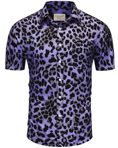 fohemr Mens Leopard Printed Shirt Short Sleeve Casual Button Down Retro Cheetah Print Shirt Purple Large