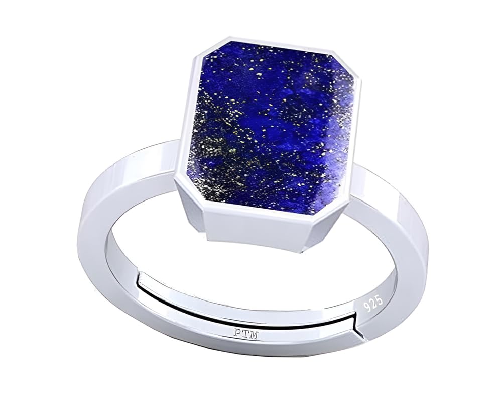 PTM Natural Lapis Lazuli 3.25 to 10.25 Ratti or 3.00 to 9.50 Carat Astrological Certified Gemstone Pure Sterling Silver/925 bis Hallmark Adjustable Ring for Men Women