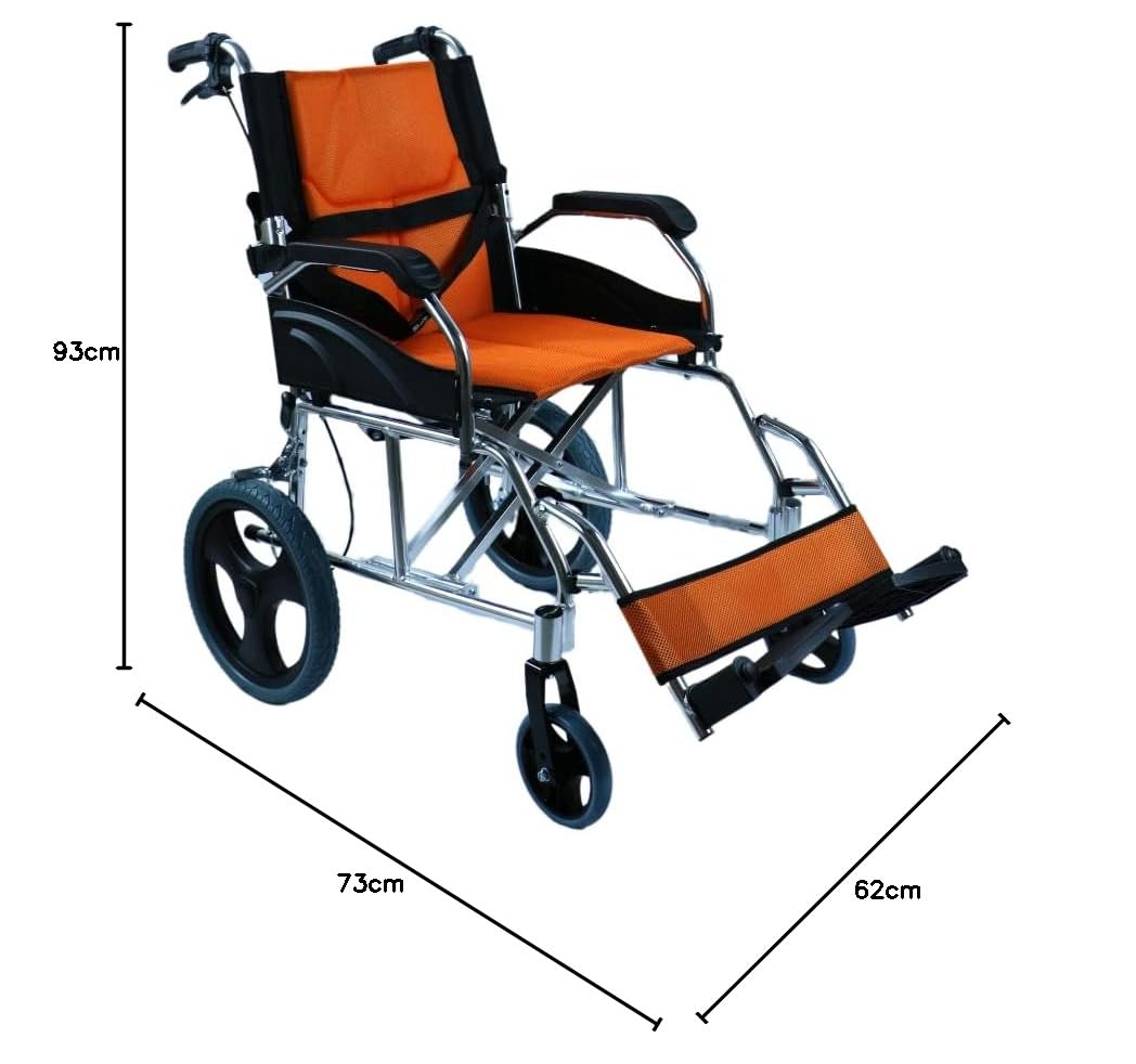 Ausilium Silla de ruedas plegable ultraligera de aluminio para transporte con cinturón de seguridad incluido y respaldo reclinable - Color naranja