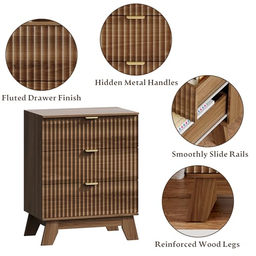 Image of HUANLEGO Fluted Nightstand with 3 Drawer for Bedroom, Walnut | Mid Century Modern Beside Table with Metal Handle, Wooden End Table with 3 Drawers for Living Room, Closet, Entryway