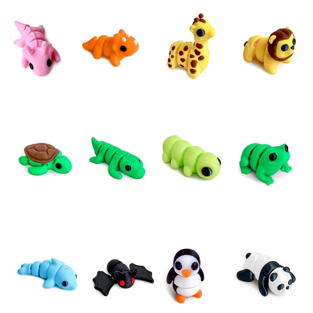 12pcs 3D Printed AnimalsColorful Movable Joint 3D Printed Animal Different Animal Shapes for Home Office Desk Decoration Photographic Prop (Assorted)