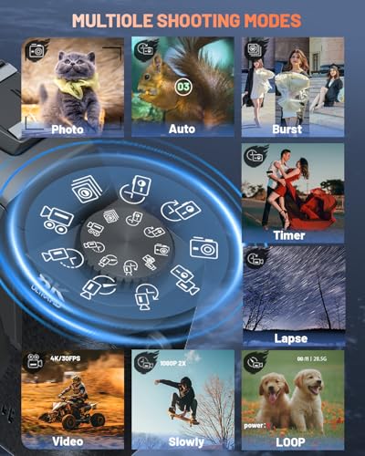 Image of 8K Digital Camera for Beginner, Vloggin Camera for YouTube, Autofocus, WiFi, 4 Inch Touchscreen, 16X Digital Zoom, 3000mAh Battery, Dual-Lens, Lens Hood, 32GB TF Card and Flash,Black